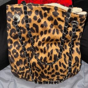 New Geir Ness Reversible Leopard/Cream Shoulder Bag with Chain Straps
